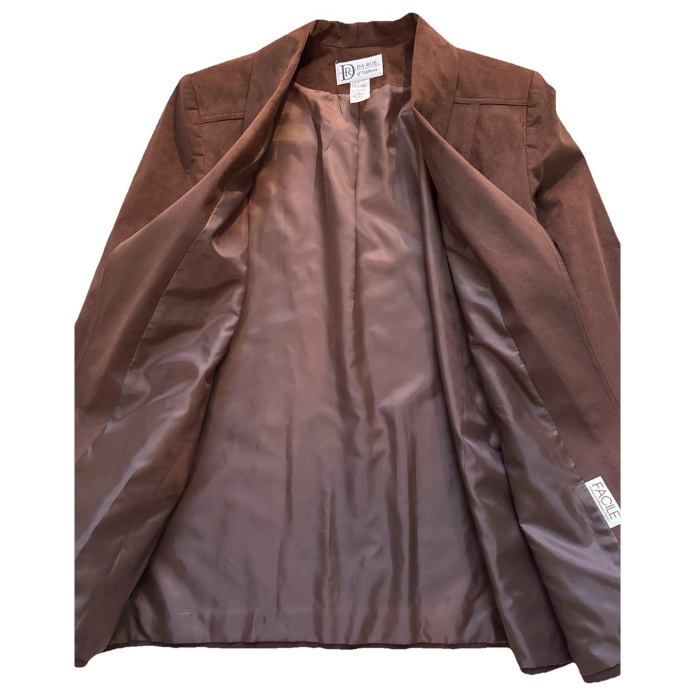 Vintage Da-Rue Faux Ultrasuede Jacket Brown Longline Open Blazer Size 12 USA - Picture 6 of 8